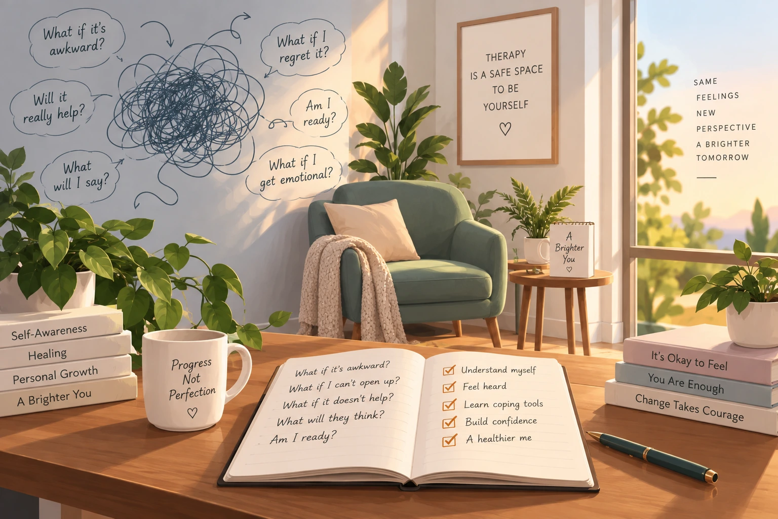 Therapy room with a comfortable chair, plants, and journal featuring questions about starting therapy, self-awareness, healing, personal growth, and emotional wellbeing.