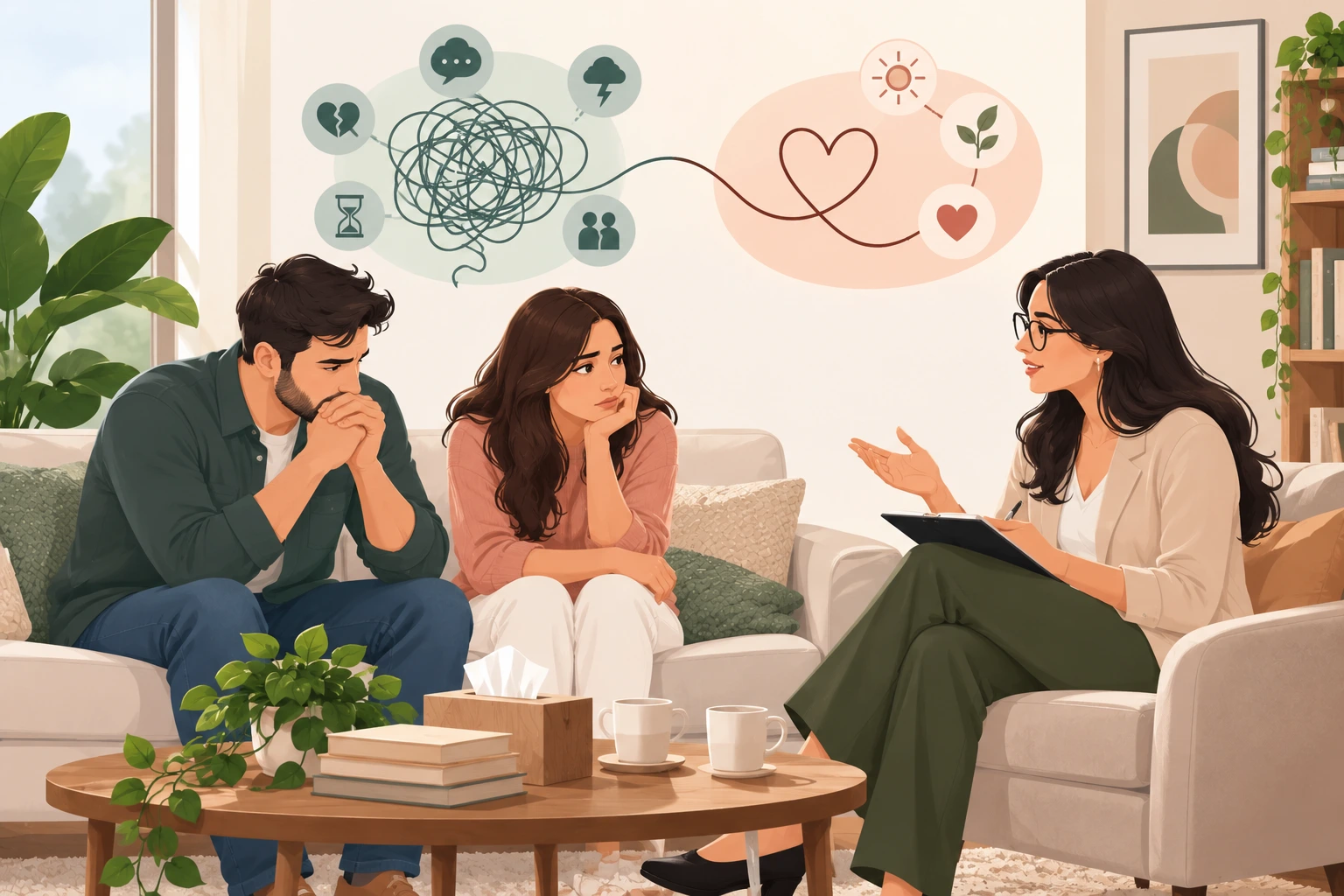 Couple discussing relationship challenges with a therapist during a counselling session, representing couples therapy, relationship counselling, communication, emotional support, and mental wellbeing.