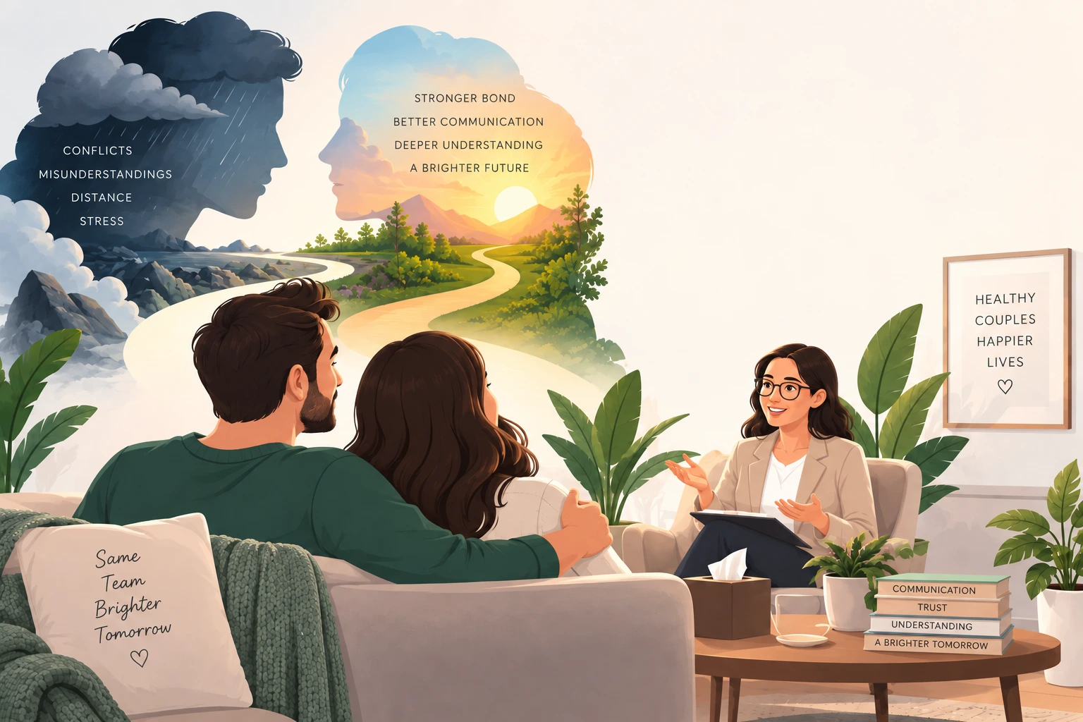 Couples counselling session with a therapist, illustrating the journey from relationship conflicts and stress toward better communication, deeper understanding, trust, and a stronger bond.
