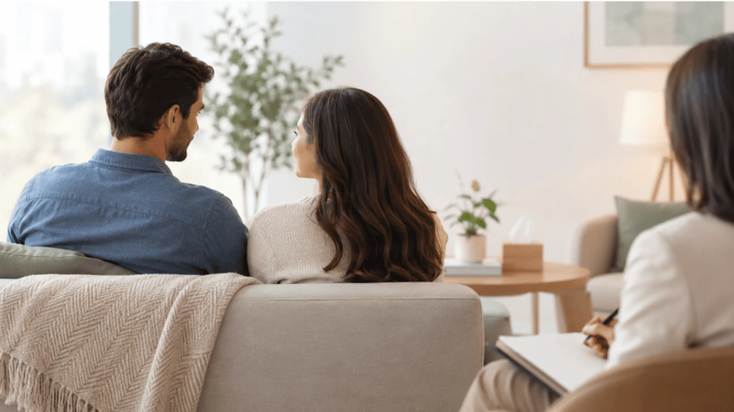 Couple sitting together on a sofa during a counselling session with a therapist taking notes in the foreground.
