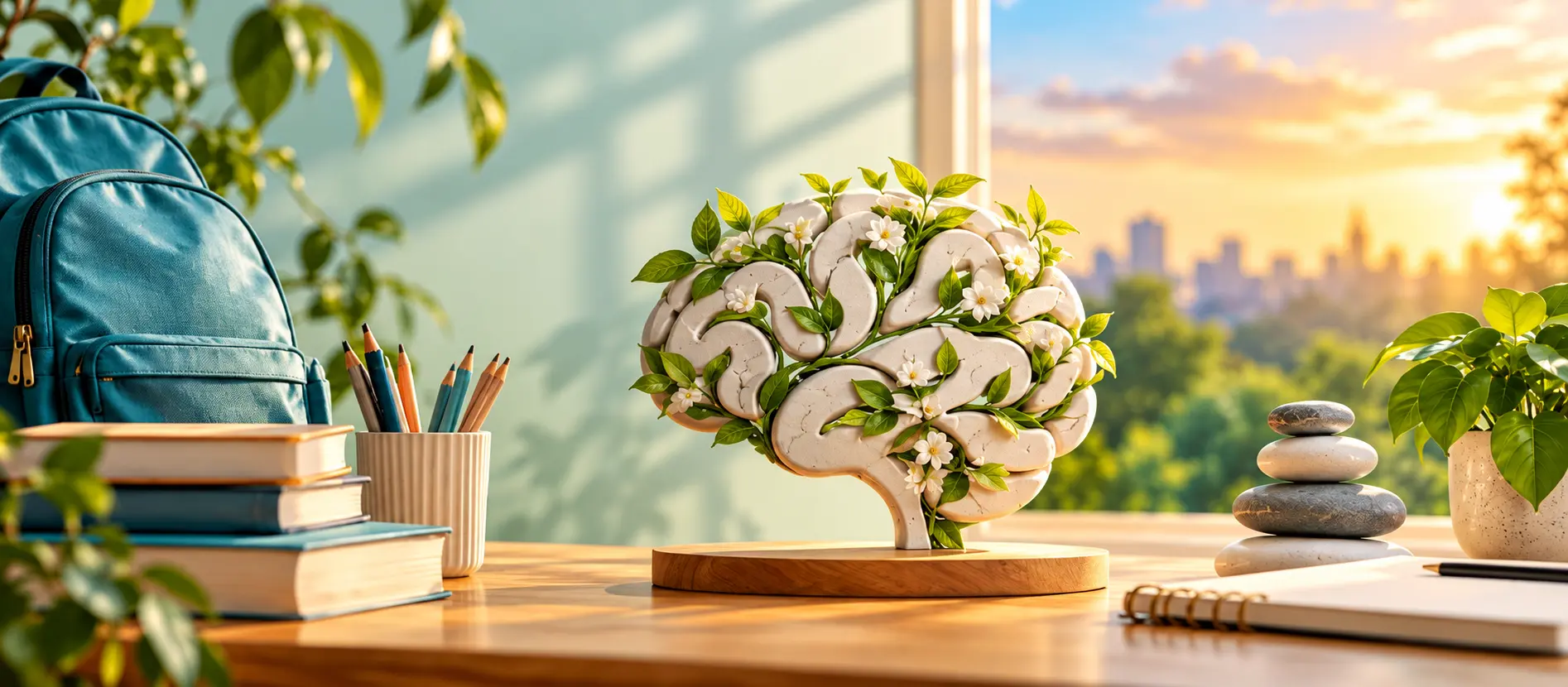 Brain sculpture decorated with green leaves and white flowers on a wooden desk, surrounded by books, a backpack, and plants in a sunlit workspace.
