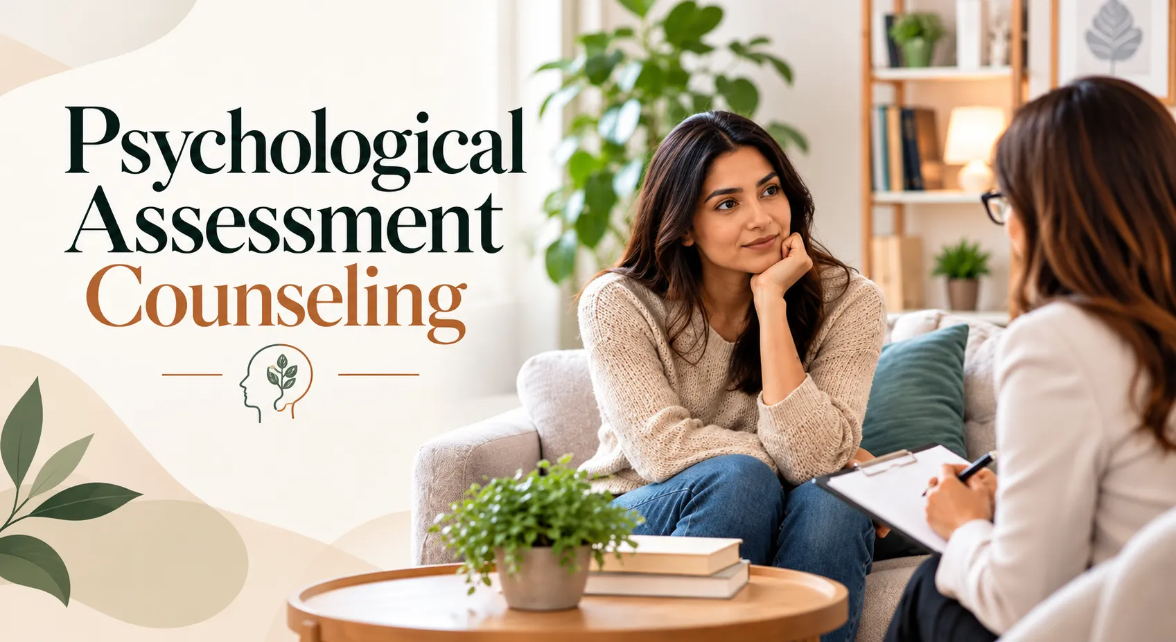 Professional psychological assessment and counselling banner featuring a woman speaking with a psychologist in a calm, welcoming therapy setting.