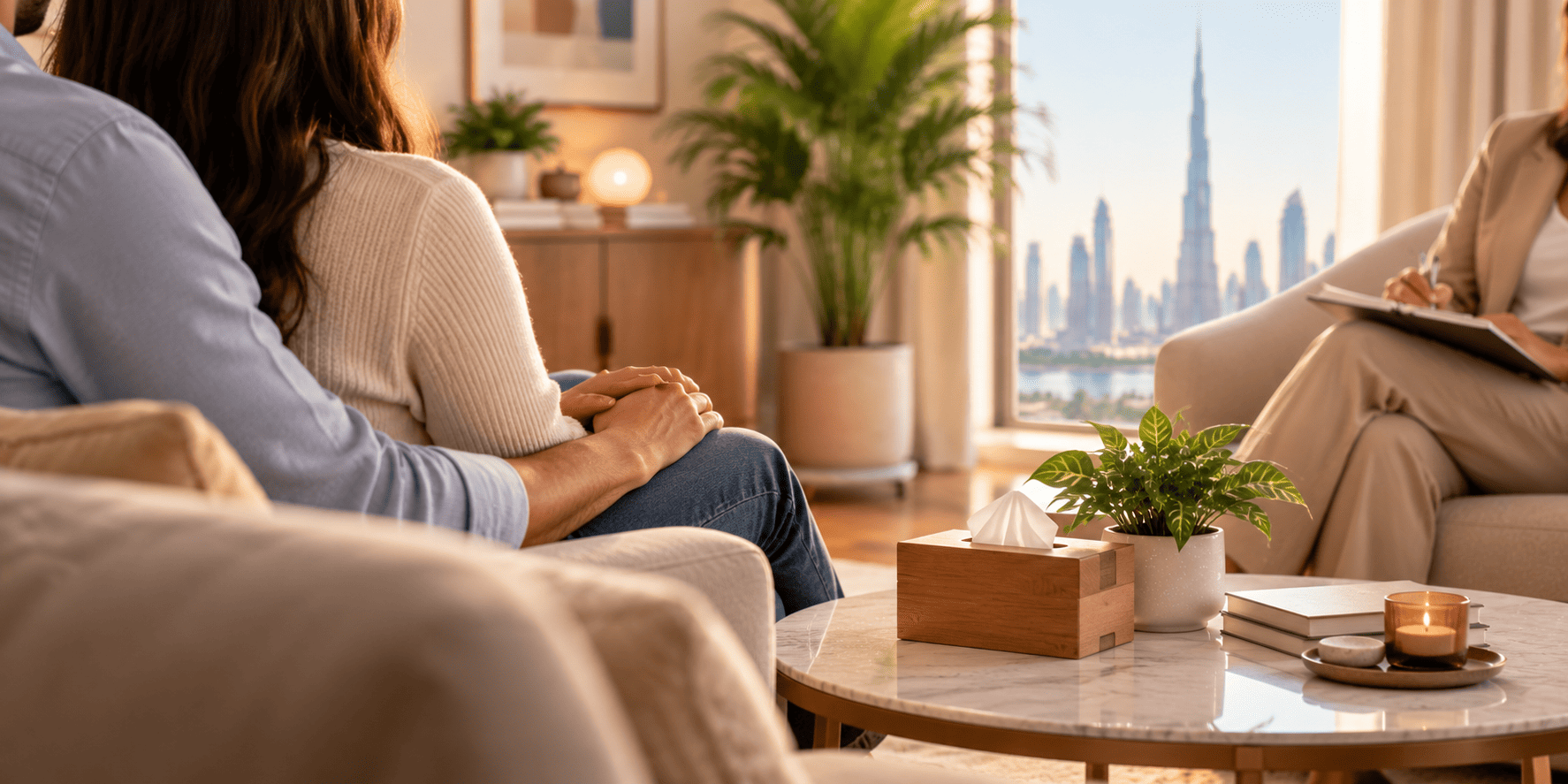 Couples counselling session in a calm therapy room with therapist privacy and Dubai skyline views.