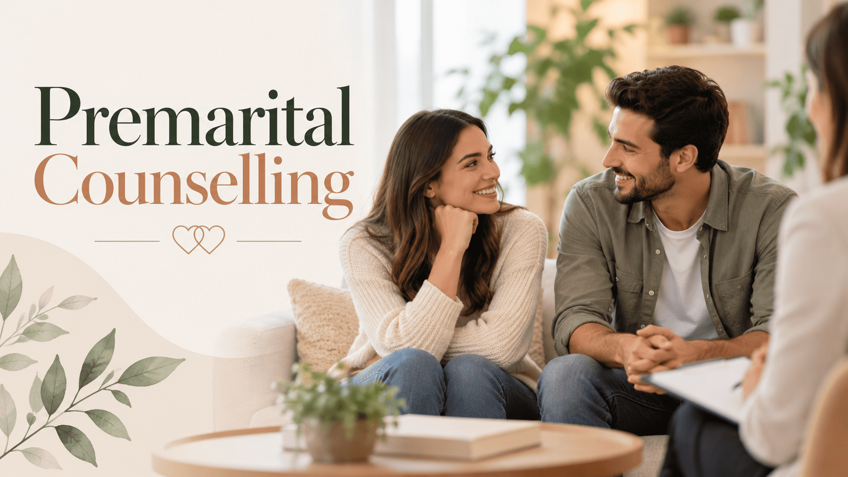 Premarital counselling banner featuring a happy couple discussing their relationship with a counsellor in a calm, welcoming setting.